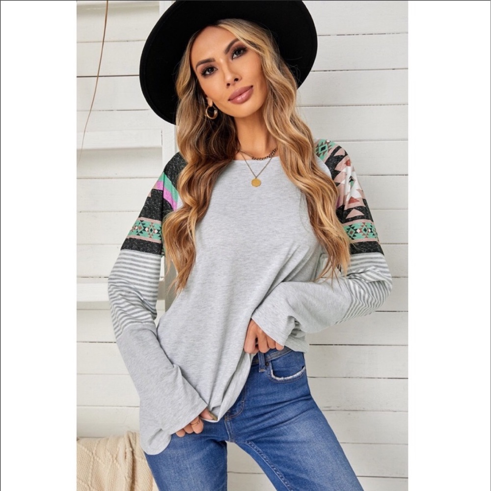 Gray Boho Aztec Chevron Shoulder Long Sleeve Tee